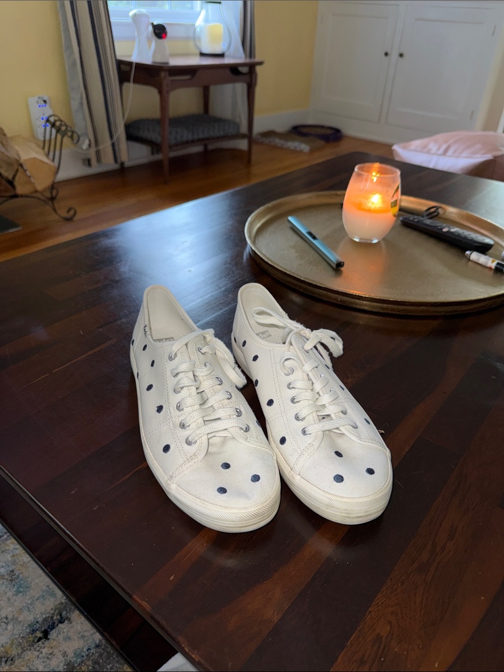Keds White Canvas Sneakers with Navy Polka Dots